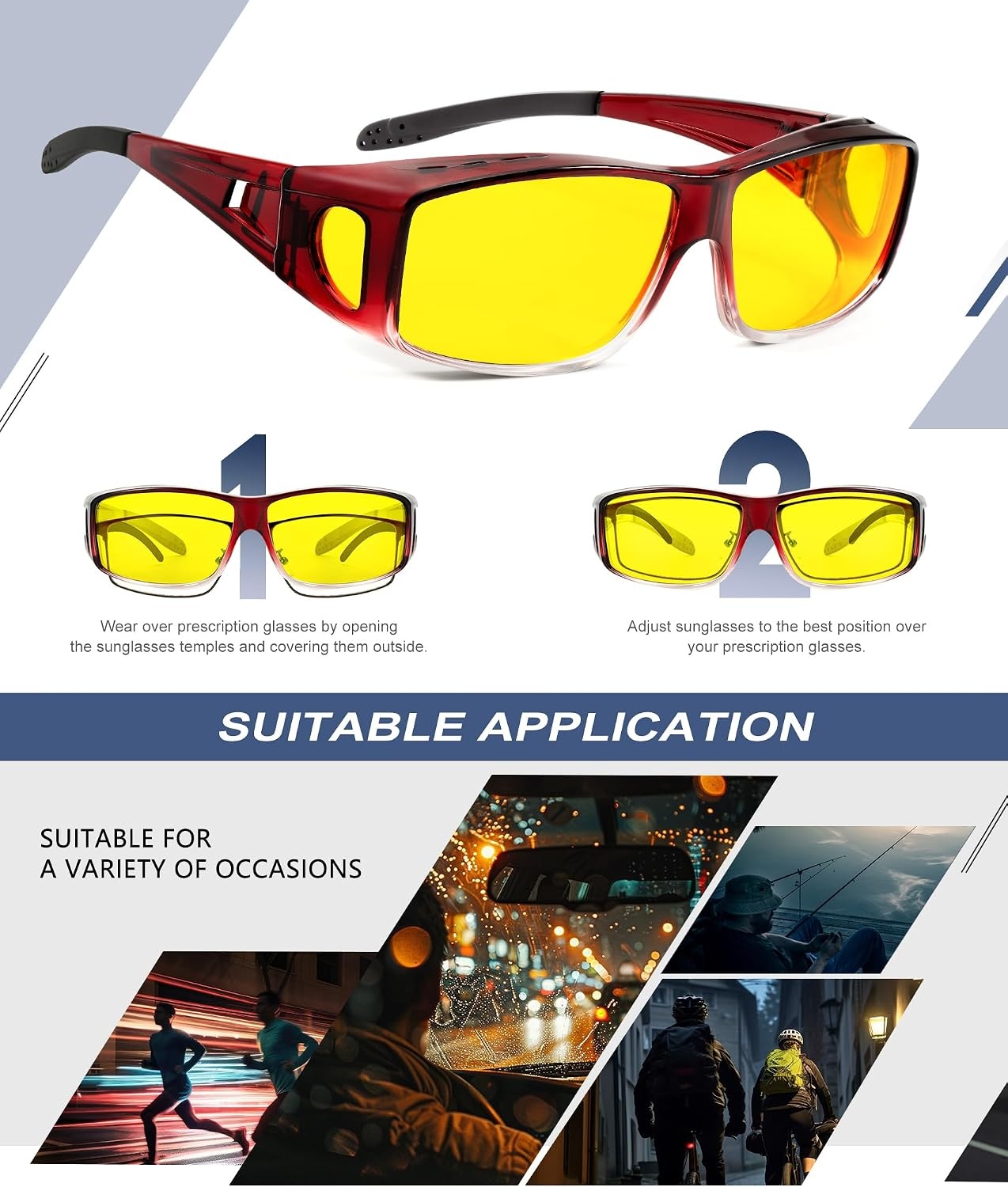 image:imageKALIYADI NightVisionGlasses FitOverGlasses WrapAround Glasses Anti Glare Night Driving Glasses for men women HD LensGlossy BlackNight Vision Wine Red GradientNight Vision Matte TortoiseNight Vision