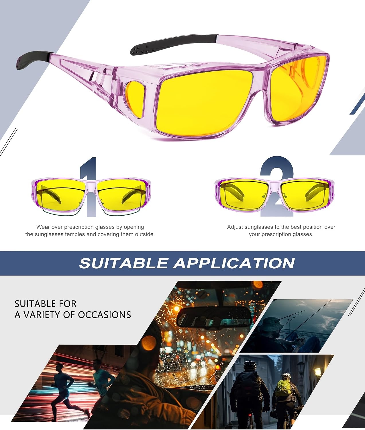 image:imageKALIYADI NightVisionGlasses FitOverGlasses WrapAround Glasses Anti Glare Night Driving Glasses for men women HD LensZ05transparent PurpleNight Vision