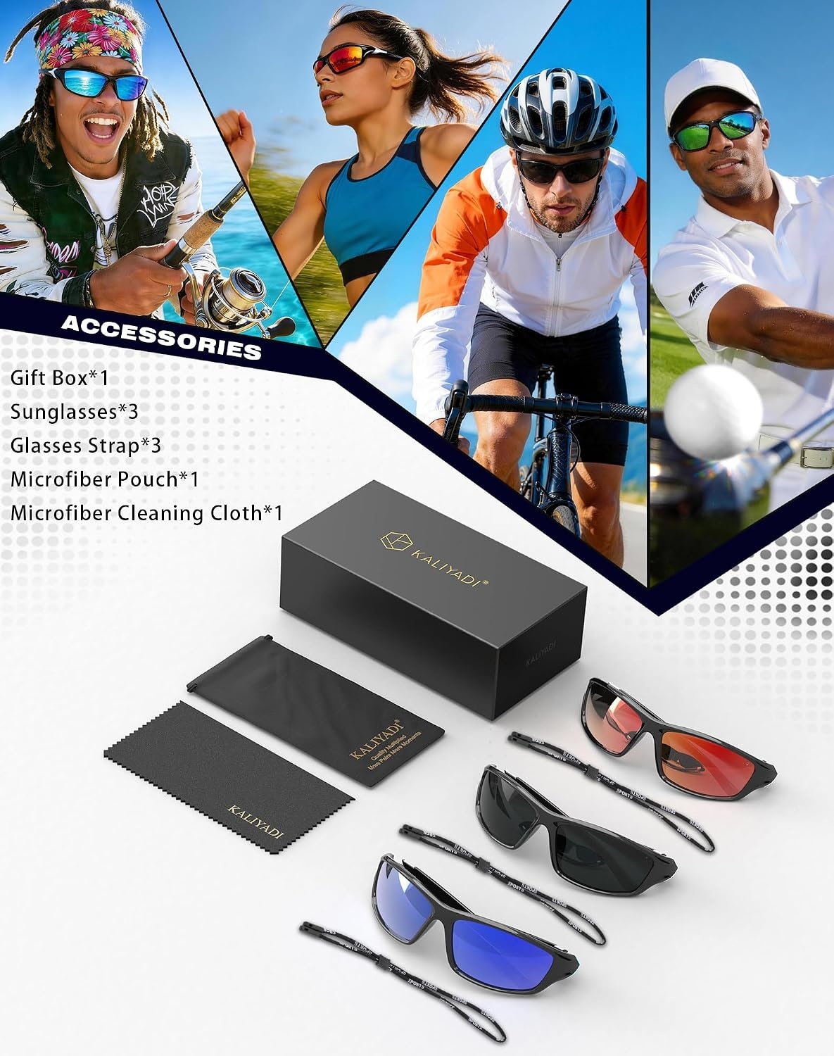 image:imageKALIYADI Sports Polarized Sunglasses Men UV400 Protection for Fishing Driving CyclingBlackBlackBlack