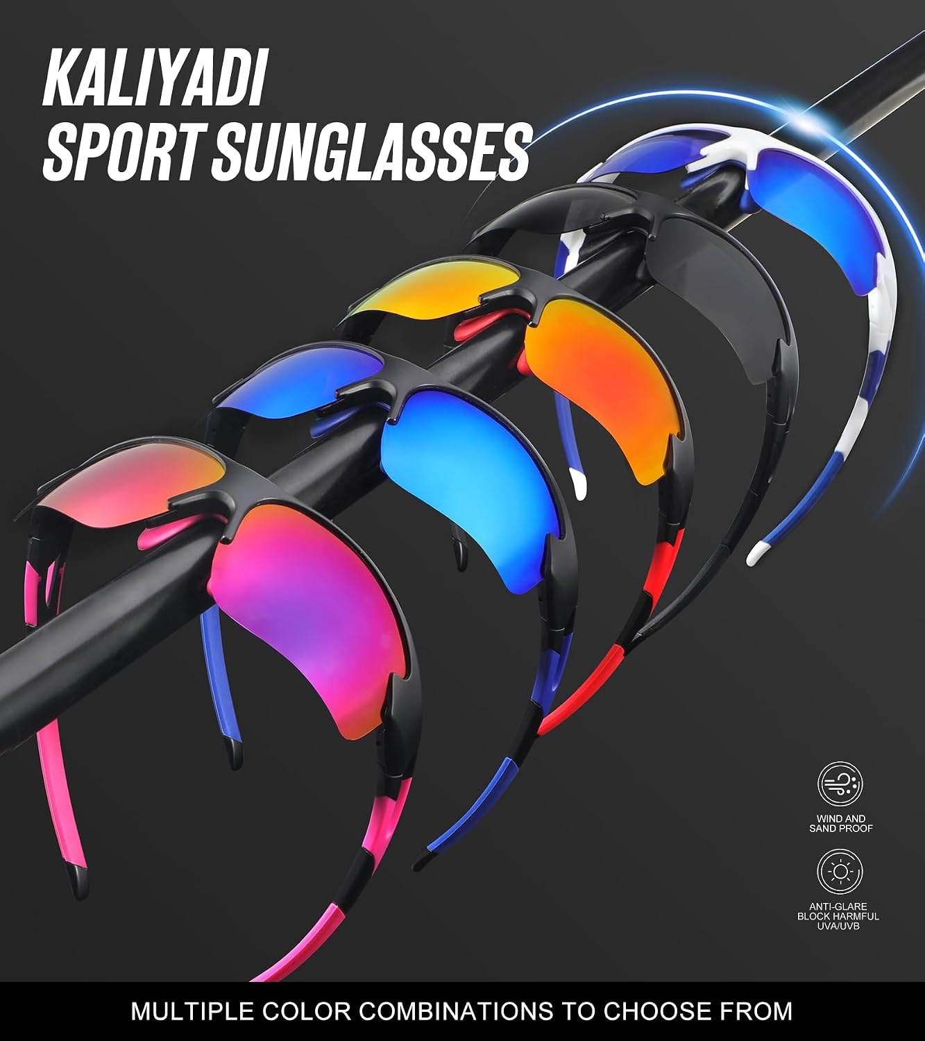 image:imageKALIYADI Sports Sunglasses for Men Polarized Sun Glasses for Men Women Youth Baseball Softball with UV Protection3 Packs BlackWhite Dark BlueWhite Rainbow