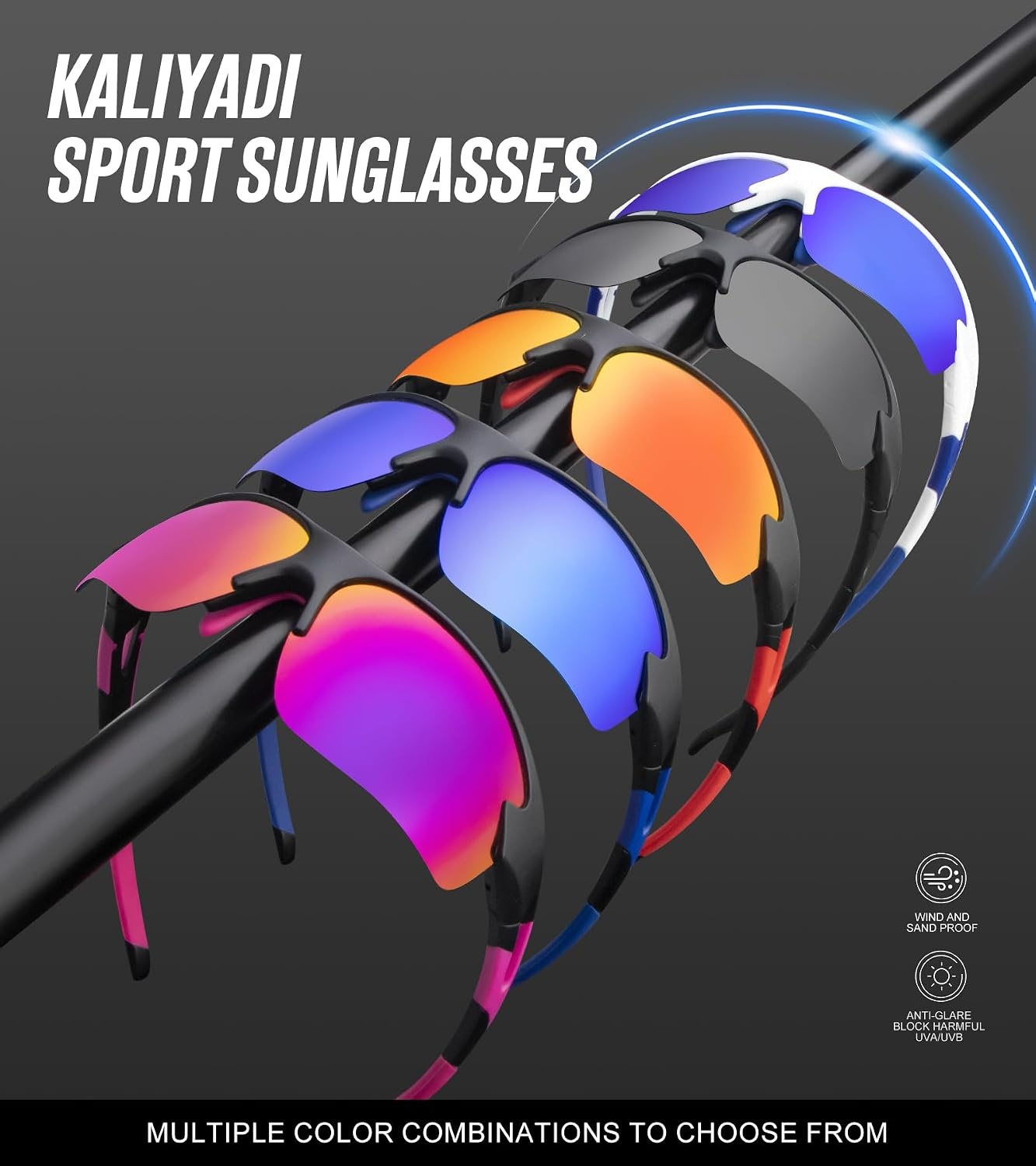 image:imageKALIYADI Sports Sunglasses for Men Polarized Sun Glasses for Men Women Youth Baseball Softball with UV Protection3 Packs Matt BlackMatt Transparent GreyMatt Transparent Grey Green