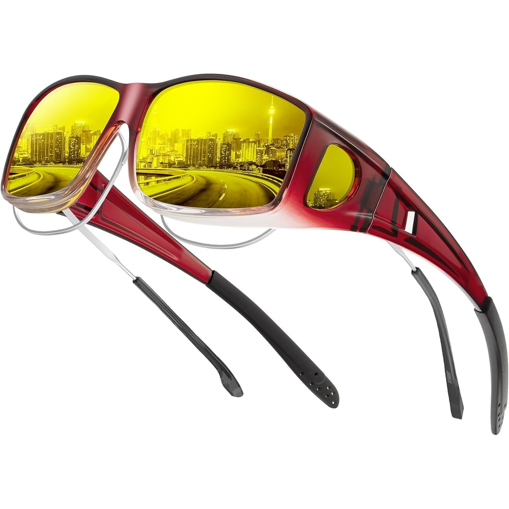 image:imageKALIYADI NightVisionGlasses FitOverGlasses WrapAround Glasses Anti Glare Night Driving Glasses for men women HD LensZ04wine Red GradientNight Vision