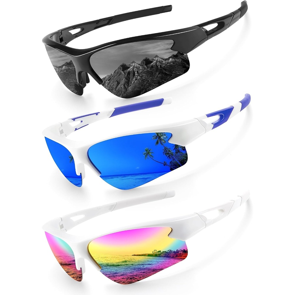 image:imageKALIYADI Sports Sunglasses for Men Polarized Sun Glasses for Men Women Youth Baseball Softball with UV Protection3 Packs BlackWhite  Dark BlueWhite  Rainbow